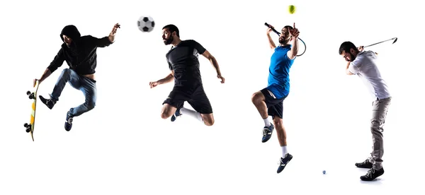 Grupo de deportistas que practican golf, tenis, fútbol y patinaje — Foto de Stock