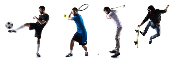 Group of sport people playing golf, tennis, football and skate — Stock Photo, Image