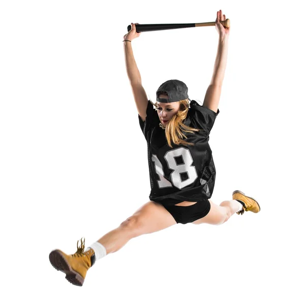 Mujer saltando y jugando béisbol — Foto de Stock
