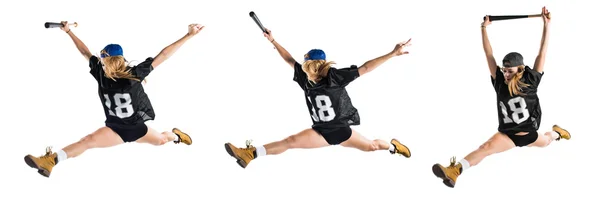 Kobieta, skoki i grać w baseball — Zdjęcie stockowe