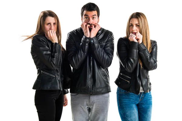 Tres amigos sobre fondo blanco aislado —  Fotos de Stock