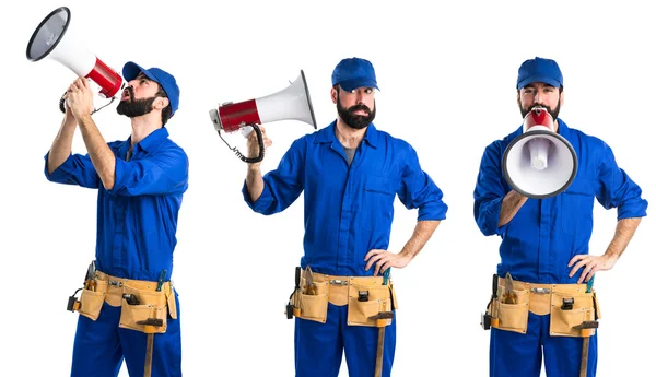 Plumber shouting by megaphone — Stock Photo, Image