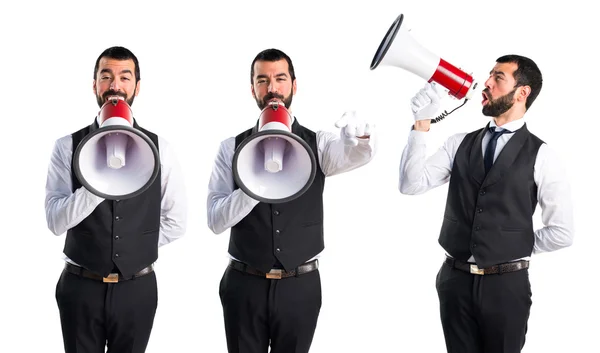 Πολυτελή σερβιτόρος φωνάζοντας από το megaphone — Φωτογραφία Αρχείου
