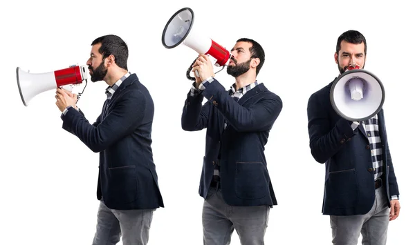 Man shouting by megaphone — Stock Photo, Image