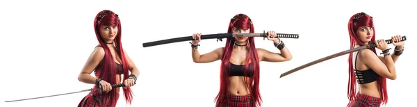 Chica pelirroja joven con katana — Foto de Stock