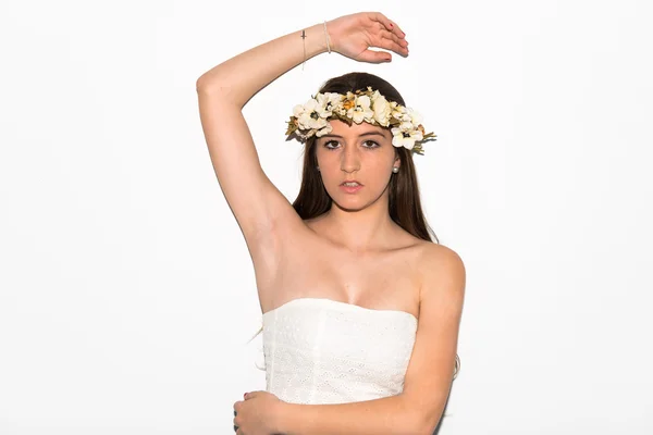 Model woman with crown of flowers