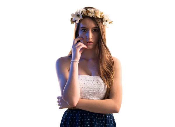 Model woman with crown of flowers — Stock Photo, Image