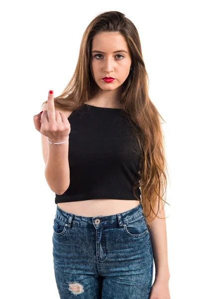 Chica joven haciendo gesto de cuerno — Foto de Stock