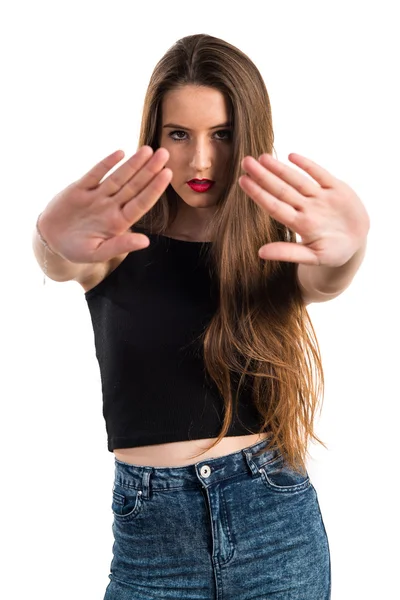 Genç kız dur işareti yapmak — Stok fotoğraf