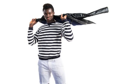 Siyah adamla yakışıklı deri ceket