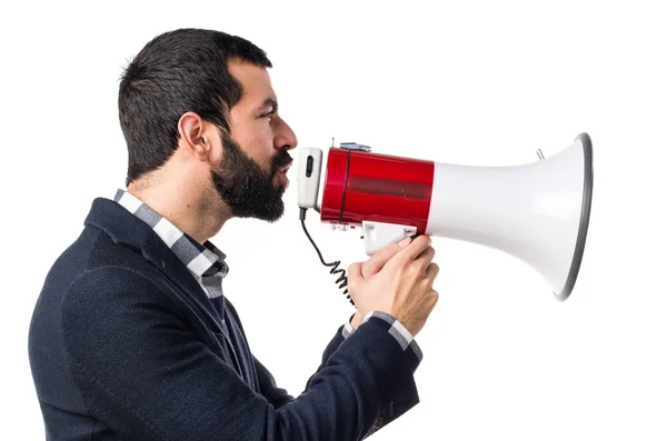 Hombre gritando por megáfono — Foto de Stock