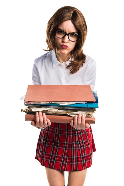 Student girl holding several college notes — Stock Photo, Image