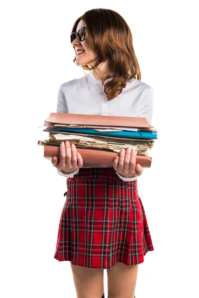 Student girl holding several college notes — Stock Photo, Image