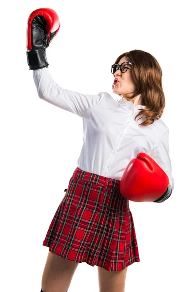 Estudante menina com luvas de boxe — Fotografia de Stock