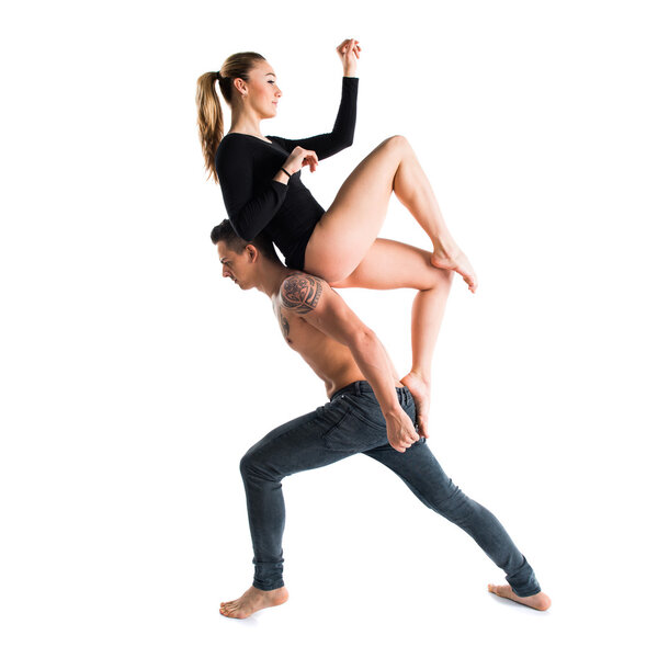 Two people dancing over isolated background
