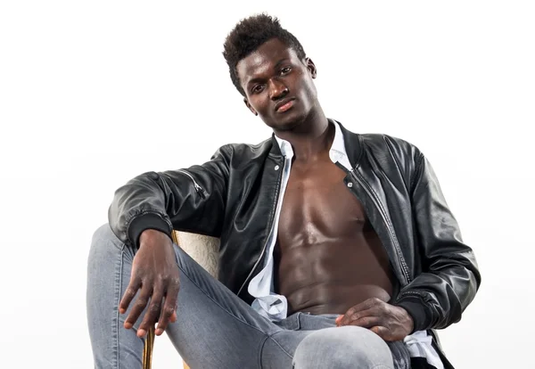 Handsome black man with leather jacket — Stock Photo, Image