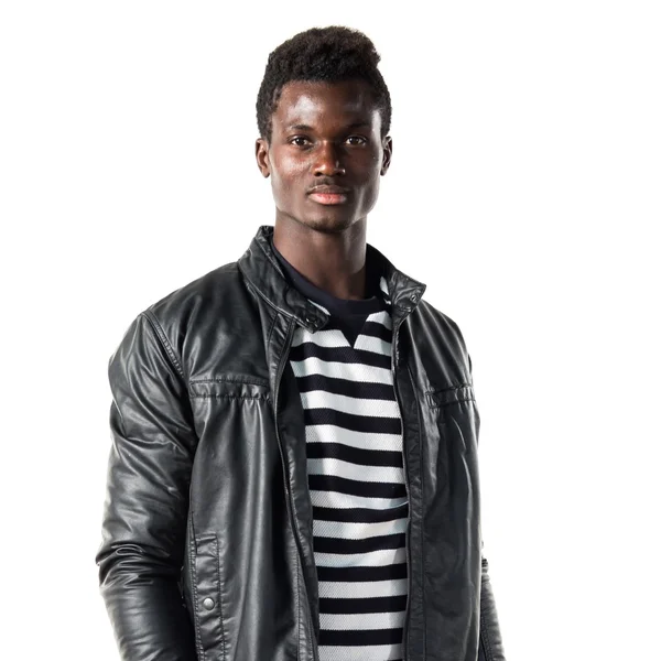 Handsome black man with leather jacket — Stock Photo, Image