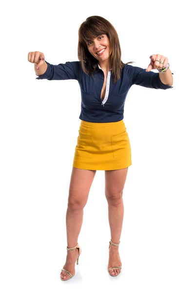 Pretty woman pointing to the front — Stock Photo, Image