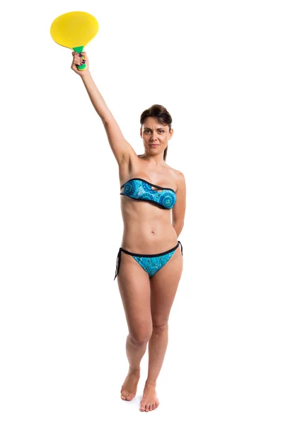 Mujer en bikini azul jugando tenis de playa —  Fotos de Stock