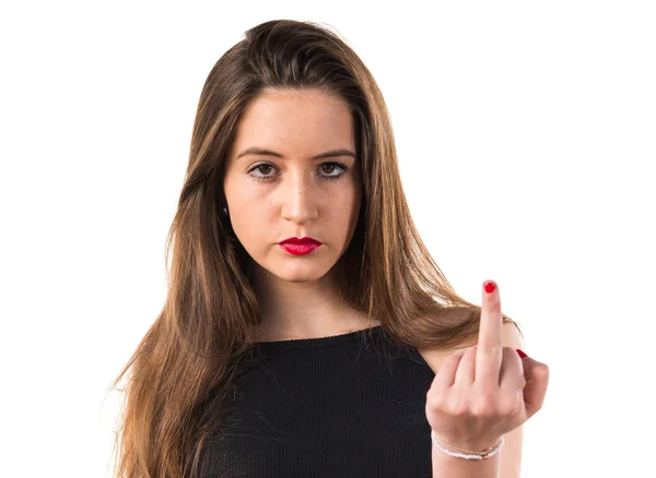 Chica joven haciendo gesto de cuerno — Foto de Stock