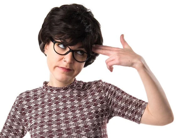 Girl with pop look making suicide gesture — Stock Photo, Image