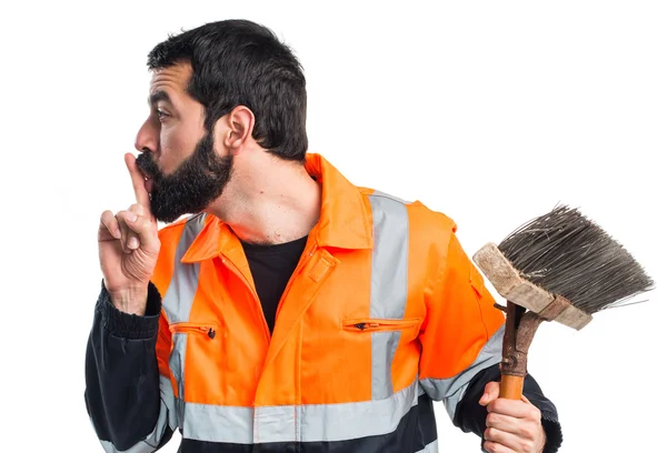 Spazzatura uomo fare silenzio gesto — Foto Stock