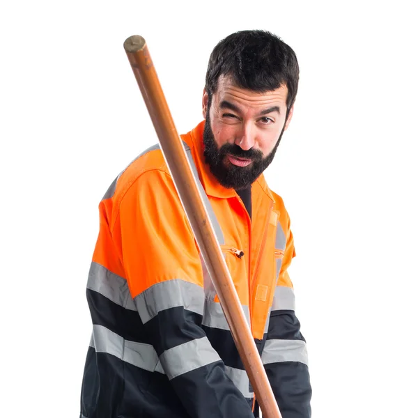 Homem do lixo sobre fundo branco isolado — Fotografia de Stock