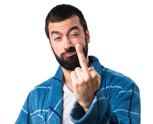 Hombre en bata haciendo gesto de cuerno — Foto de Stock