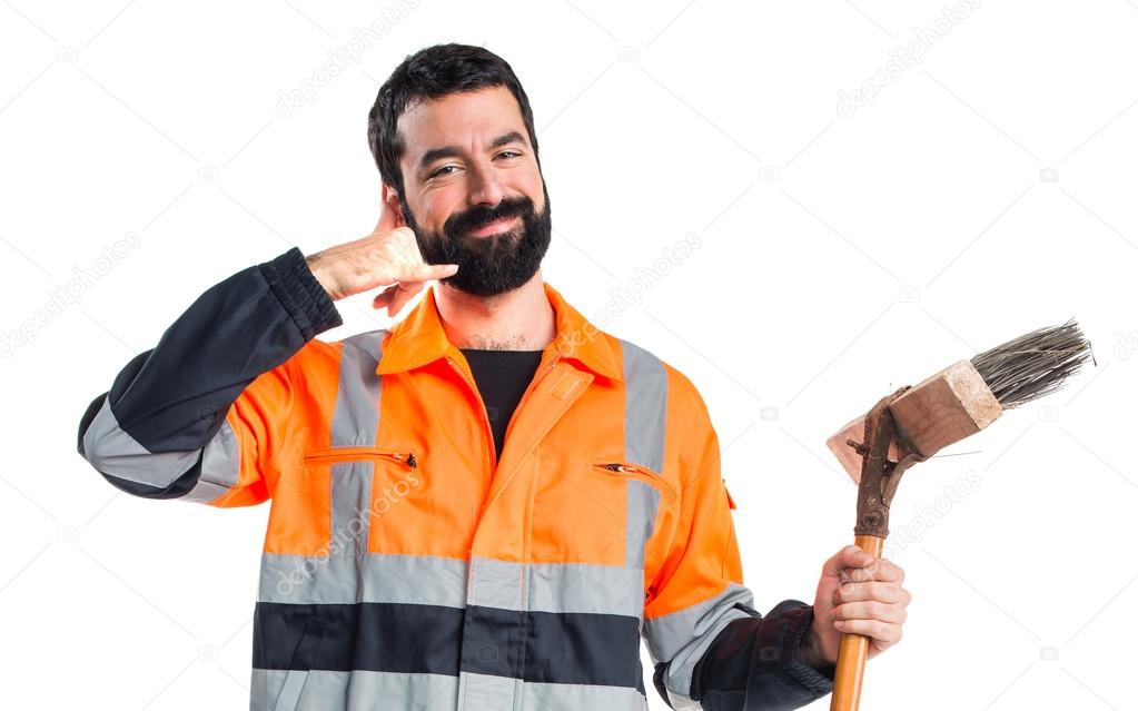 Garbage man making phone gesture