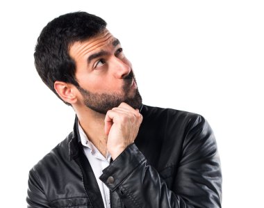 Erkek deri ceket düşünce ile