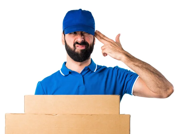 Delivery man making suicide gesture — Stock Photo, Image