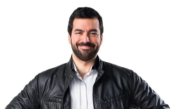 Happy man with leather jacket — Stock Photo, Image