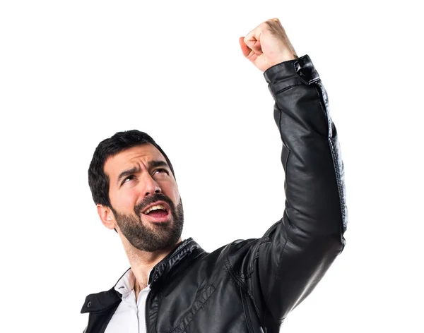 Šťastný muž s koženou bundu — Stock fotografie