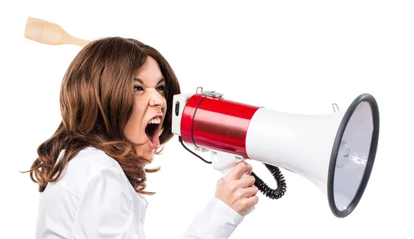 Waitress shouting by megaphone — Stock Photo, Image