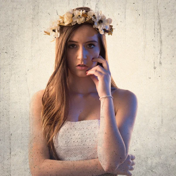 Model woman with crown of flowers