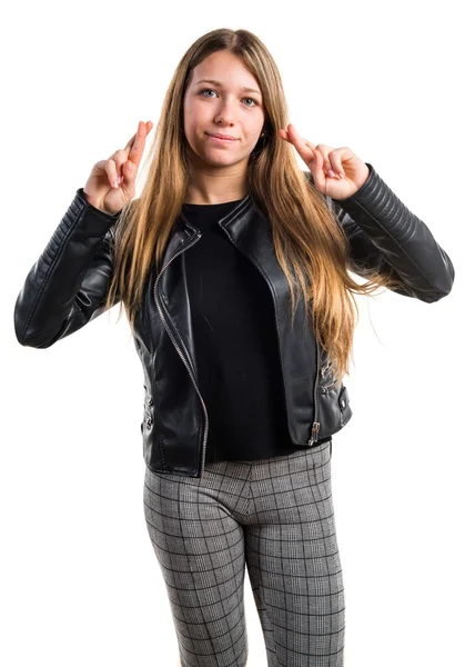 Adolescente chica con sus dedos cruzando — Foto de Stock