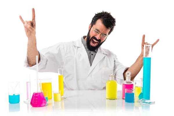 Scientist man making horn gesture — Stock Photo, Image