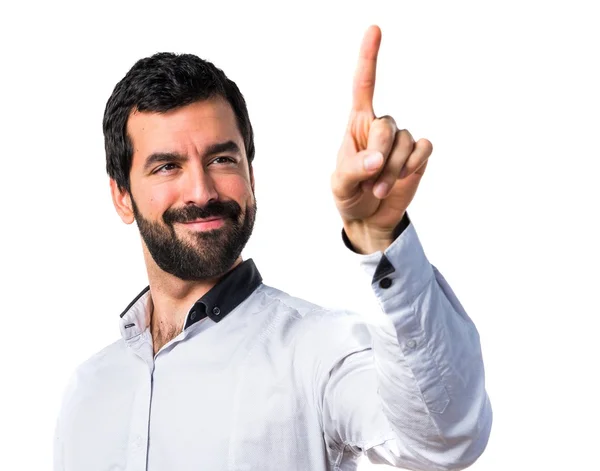 Hombre tocando en pantalla transparente — Foto de Stock