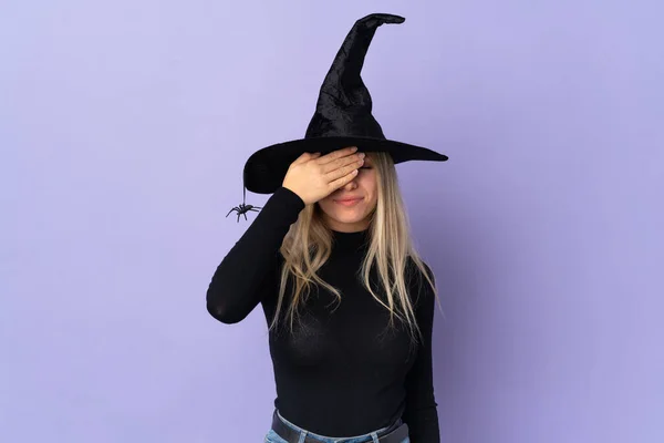 Young Woman Witch Costume Isolated Background Covering Eyes Hands Want — Stock Photo, Image