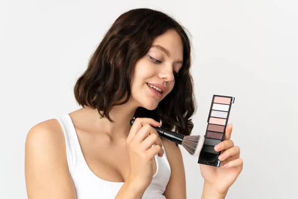 Adolescente Ucraniana Menina Isolada Fundo Branco Com Paleta Maquiagem — Fotografia de Stock