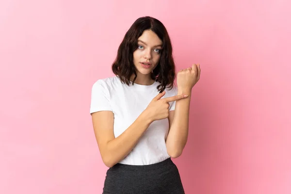 Teenager Ukrainian Girl Isolated Pink Background Making Gesture Being Late — Stock Photo, Image