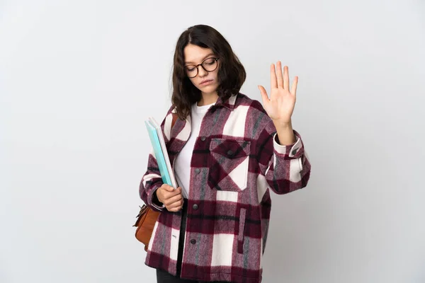 Teenager Ukrainian Student Isolated White Background Making Stop Gesture Disappointed — Stock Photo, Image
