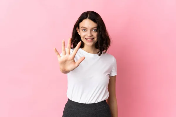 Teenager Ukrainian Girl Isolated Pink Background Counting Five Fingers — Stock Photo, Image