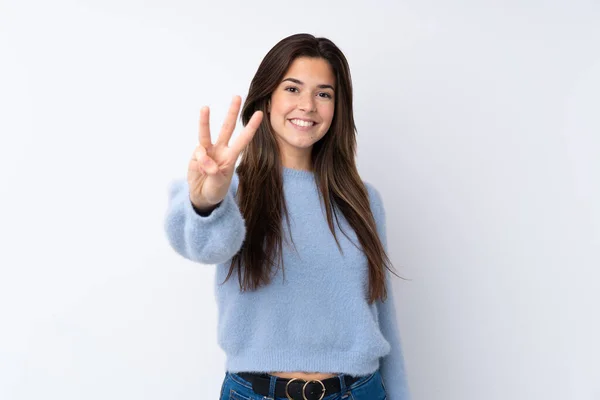 Adolescente Menina Sobre Isolado Fundo Branco Feliz Contando Três Com — Fotografia de Stock