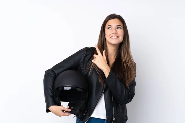 Jonge Vrouw Met Een Motorfiets Helm Geïsoleerde Witte Achtergrond Wijzend — Stockfoto