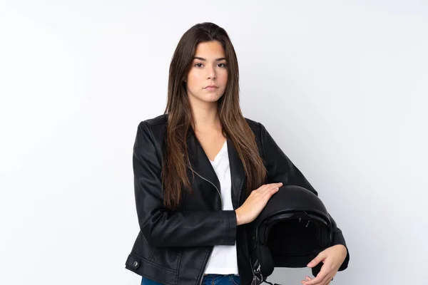 Jonge Vrouw Met Een Motorfiets Helm Geïsoleerde Witte Achtergrond Houden — Stockfoto