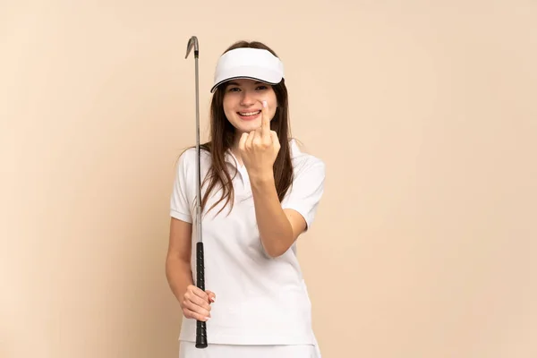 Joven Ucraniano Golfista Chica Aislado Beige Fondo Haciendo Gesto Que — Foto de Stock