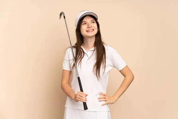 Joven Chica Golfista Ucraniana Aislada Fondo Beige Pensando Una Idea — Foto de Stock