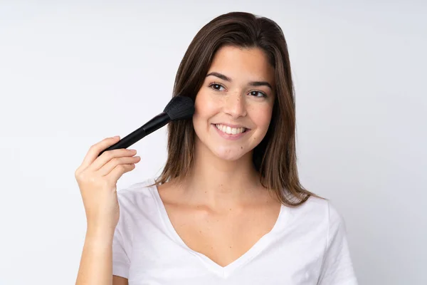 Adolescente Chica Sobre Aislado Fondo Celebración Maquillaje Cepillo — Foto de Stock