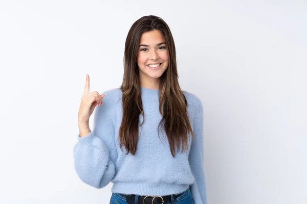 Adolescente Chica Sobre Aislado Blanco Fondo Mostrando Levantando Dedo Señal —  Fotos de Stock
